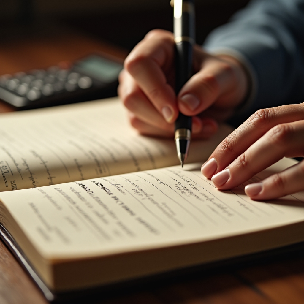 Close-up of hands writing income tracking entries in a structured financial journal