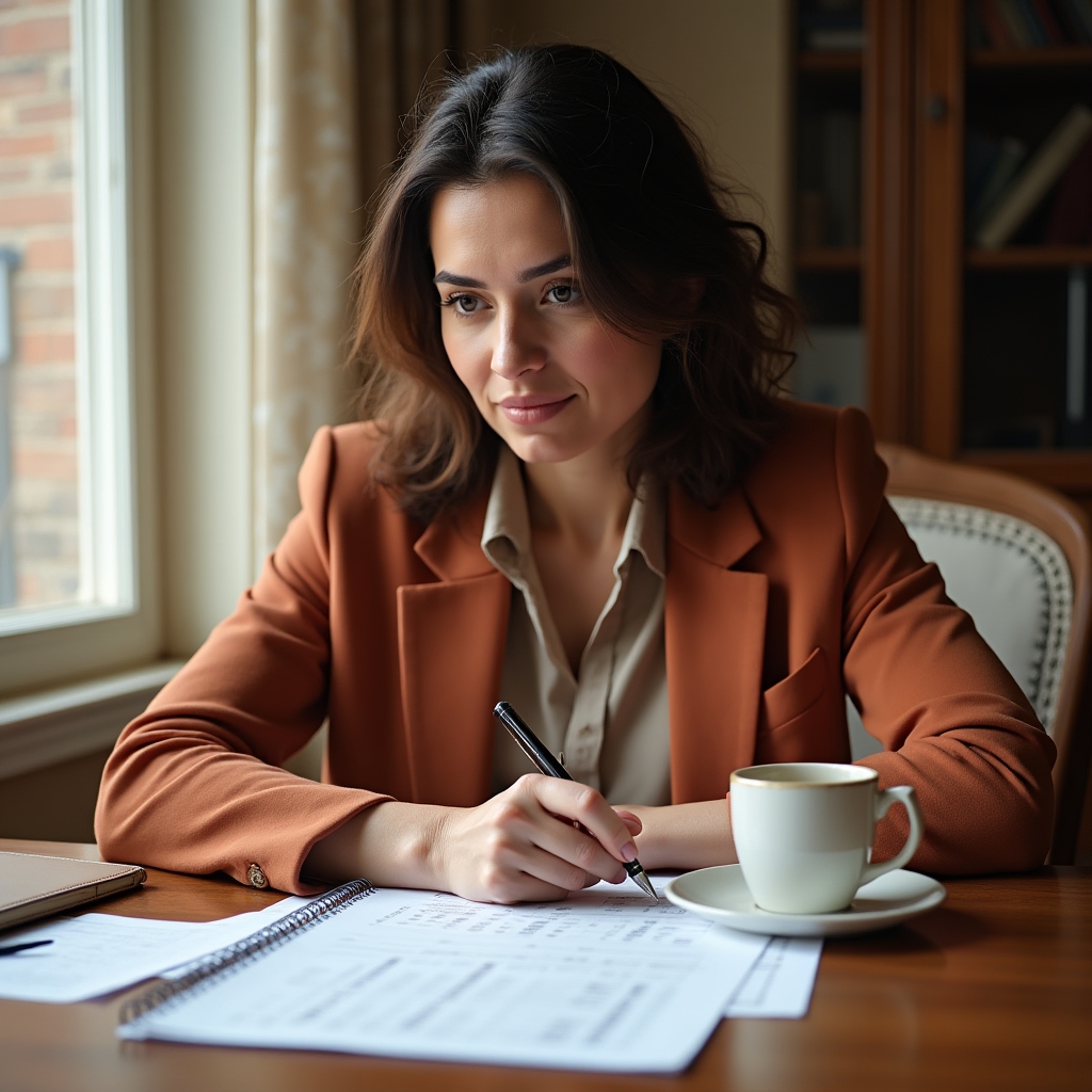 Person reviewing monthly bank statements with pen and notebook in natural light