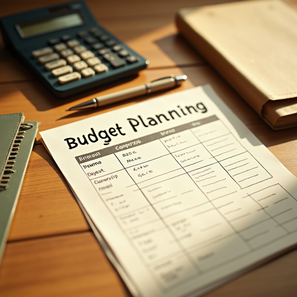 Budget planning with spreadsheet and calculator on wooden desk