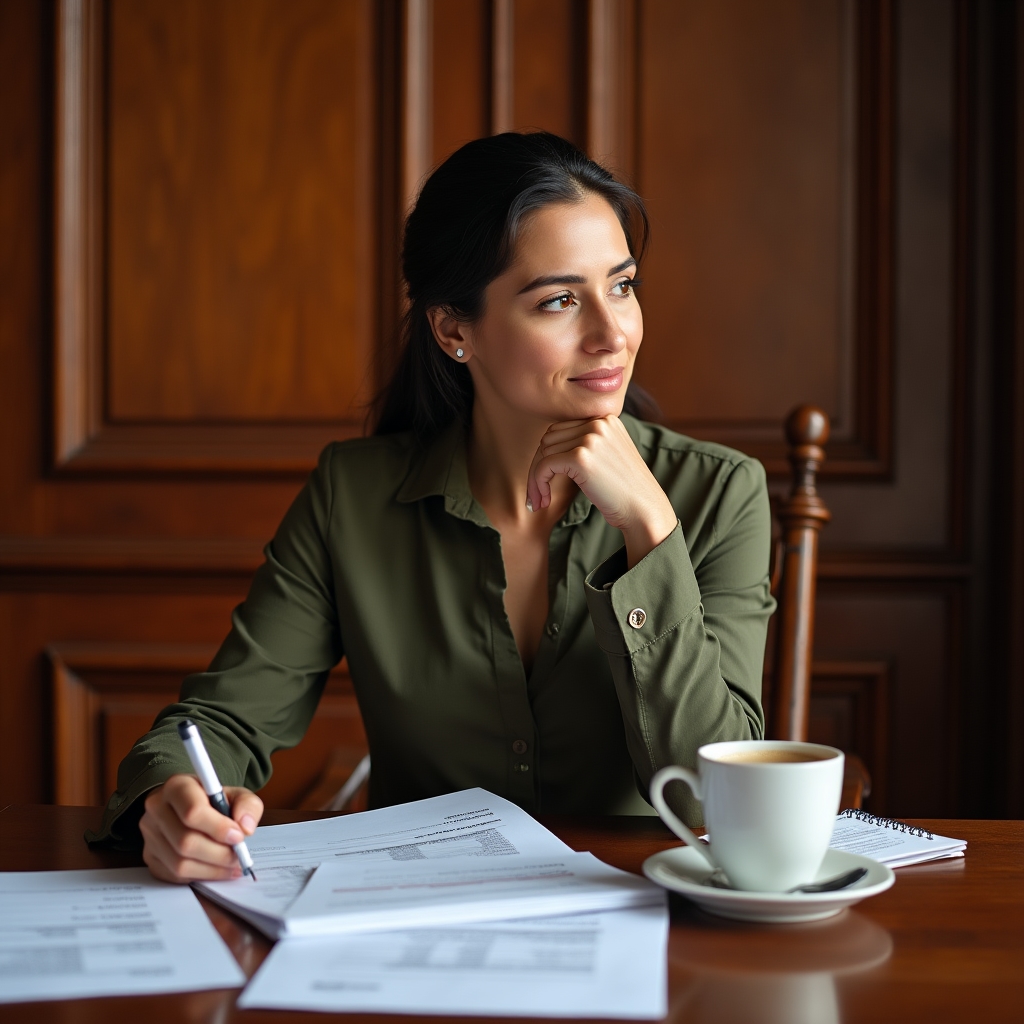 Person reviewing receipts and financial documents thoughtfully