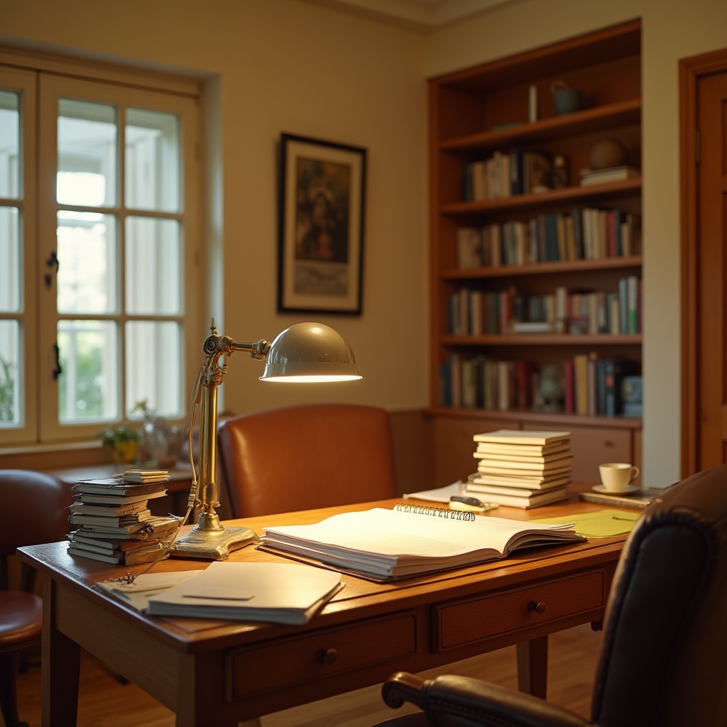 Bright modern study space with financial materials and warm lighting