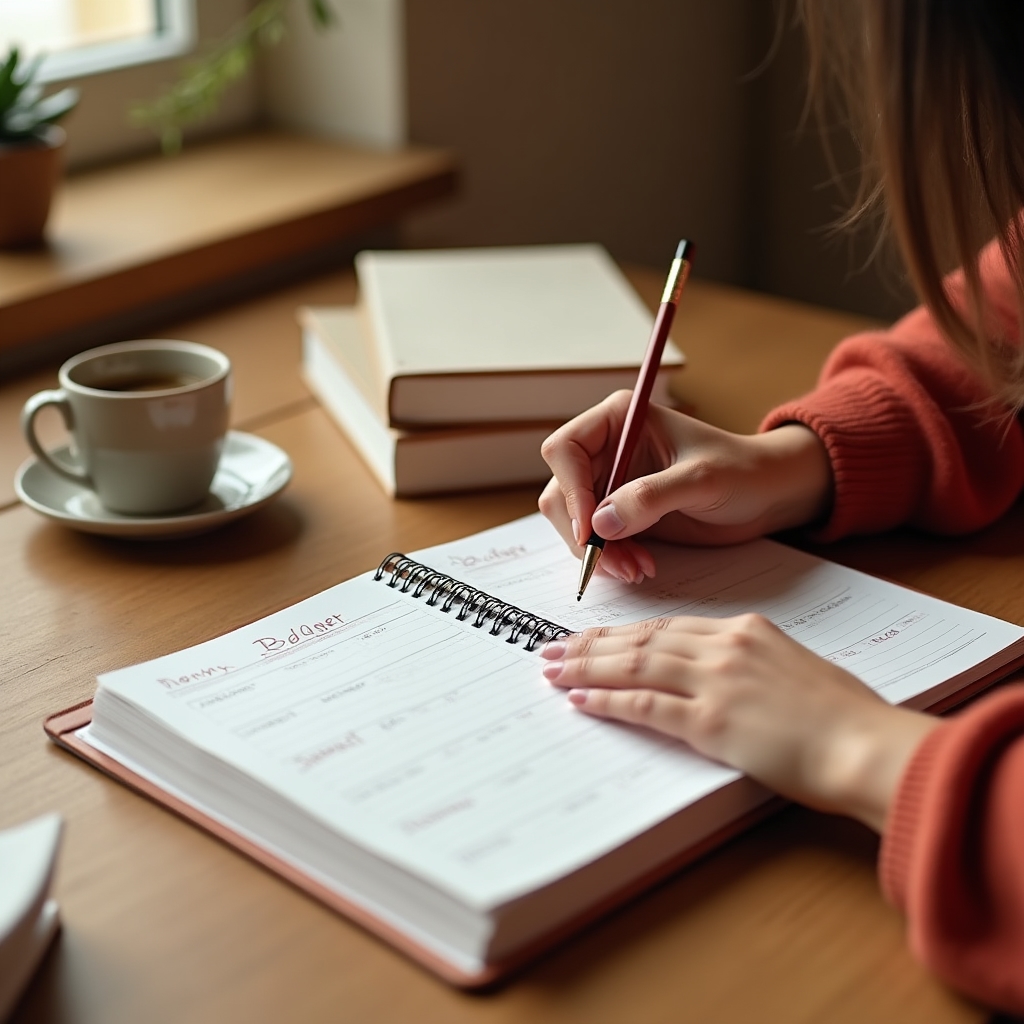 Person making notes in a budget planner with coffee nearby