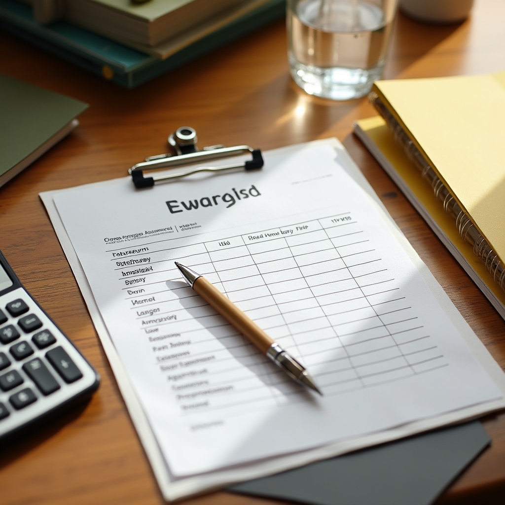 Organized desk with budget worksheet, calculator, and organized financial folders