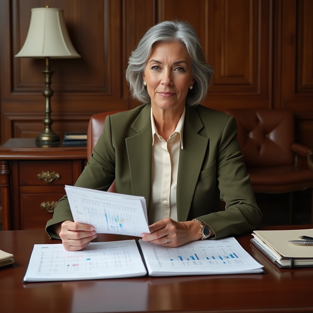 Professional at desk with long-term financial planning calendar and charts in organized office