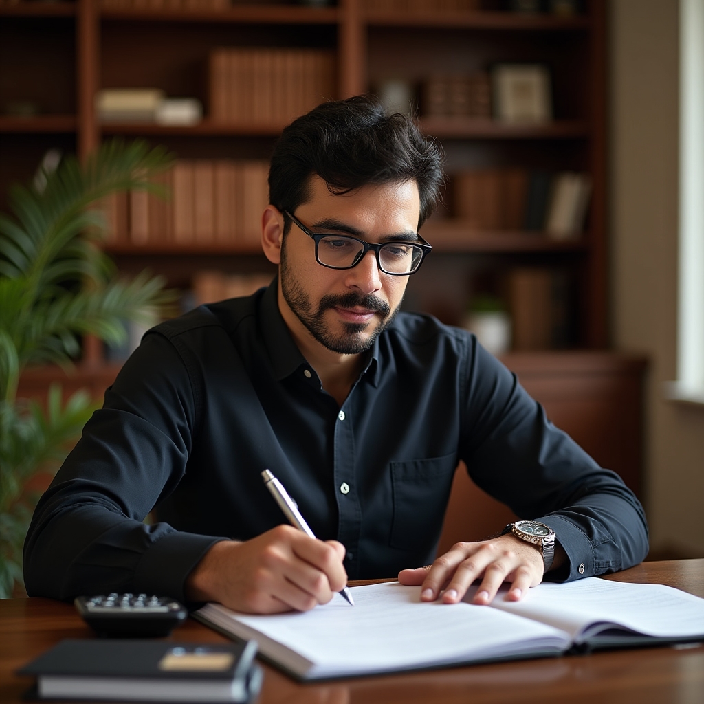 Adult learner studying financial planning materials at a desk